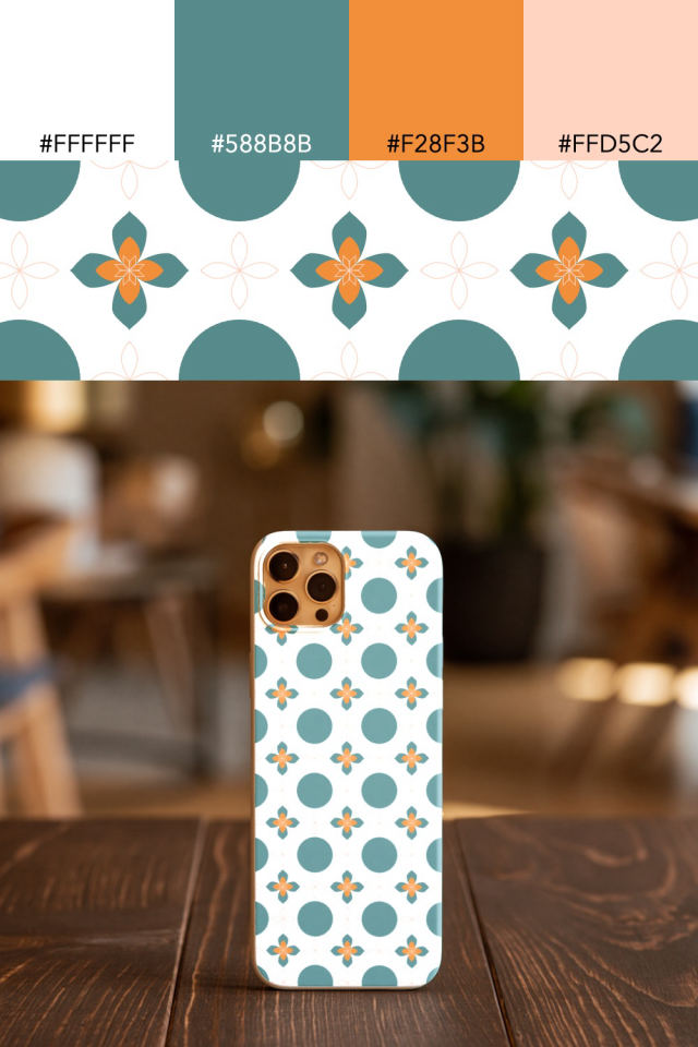 the colors one coral-reef tile is drawn in, with their hex codes, and the tile printed on a phone case