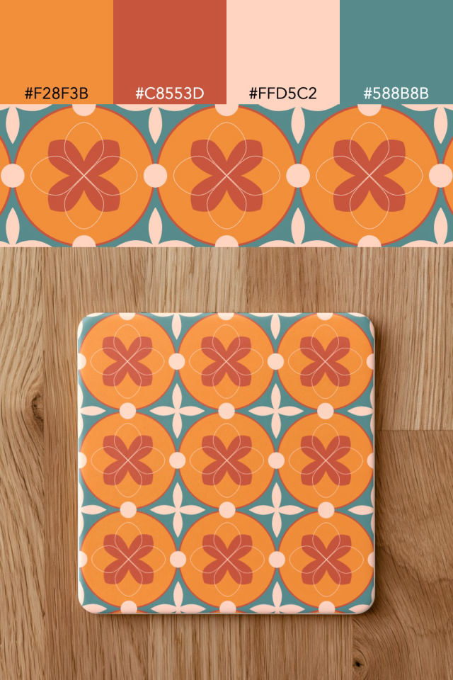 the colors one coral-reef tile is drawn in, with their hex codes, and the tile printed on a coaster