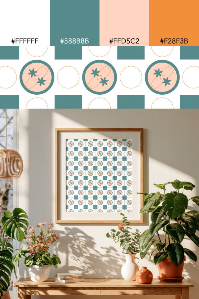 the colors one coral-reef tile is drawn in, with their hex codes, and the tile printed on a frame