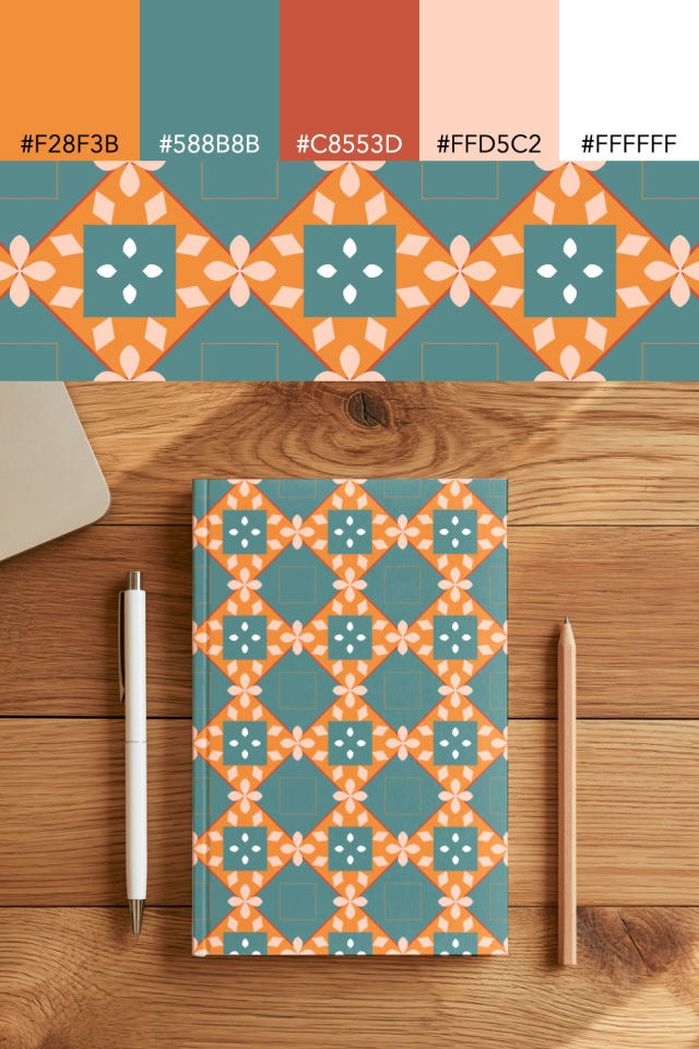 the colors one coral-reef tile is drawn in, with their hex codes, and the tile printed on a notebook