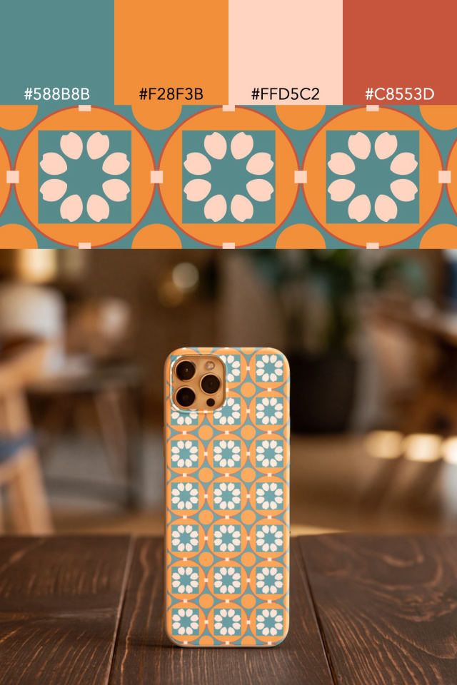 the colors one coral-reef tile is drawn in, with their hex codes, and the tile printed on a phone case
