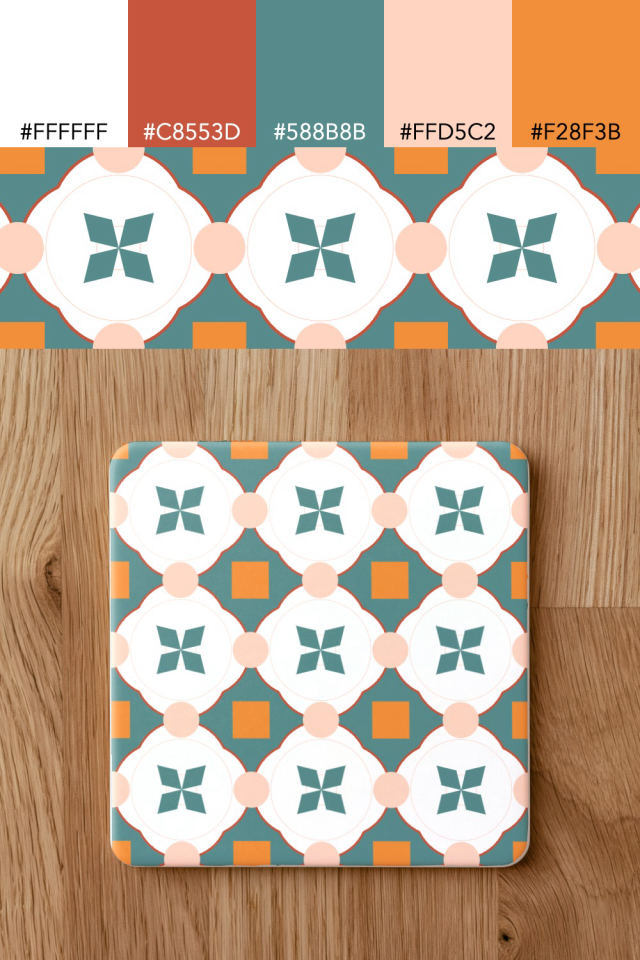 the colors one coral-reef tile is drawn in, with their hex codes, and the tile printed on a coaster