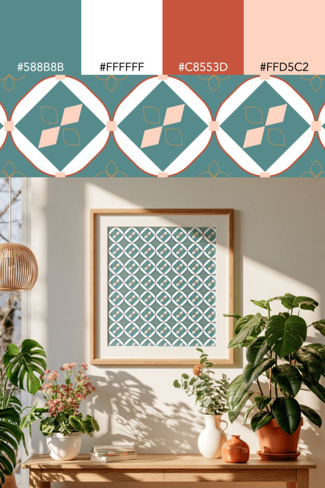 the colors one coral-reef tile is drawn in, with their hex codes, and the tile printed on a frame