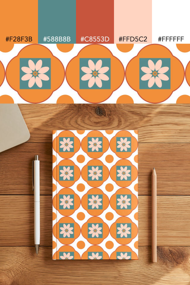 the colors one coral-reef tile is drawn in, with their hex codes, and the tile printed on a notebook