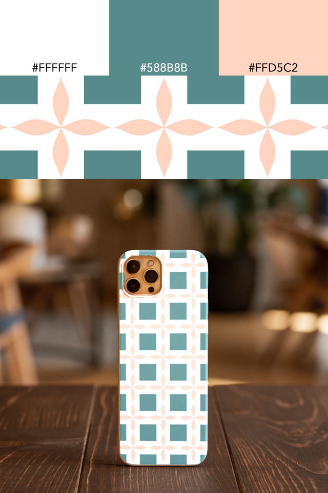 the colors one coral-reef tile is drawn in, with their hex codes, and the tile printed on a phone case