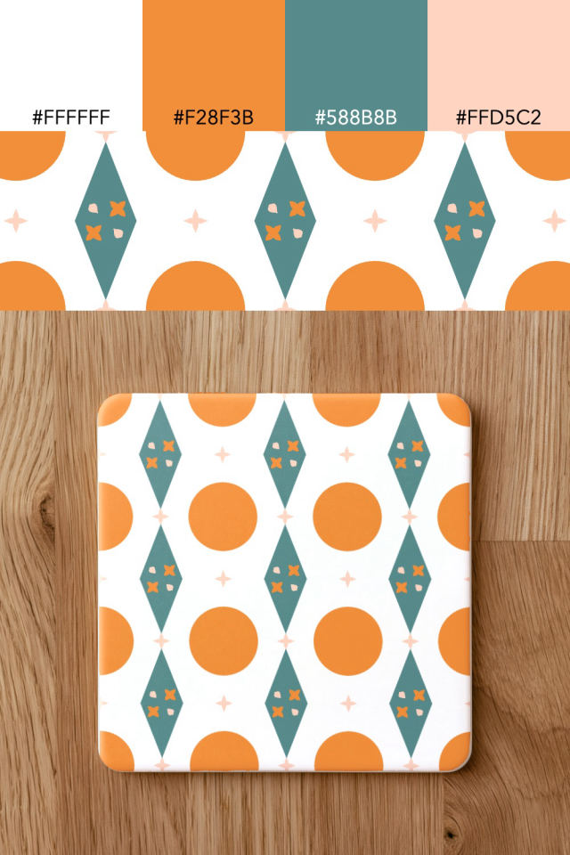 the colors one coral-reef tile is drawn in, with their hex codes, and the tile printed on a coaster