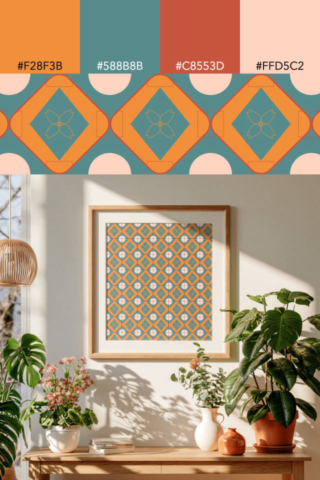 the colors one coral-reef tile is drawn in, with their hex codes, and the tile printed on a frame