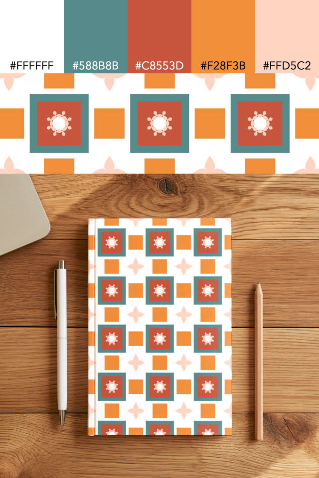 the colors one coral-reef tile is drawn in, with their hex codes, and the tile printed on a notebook