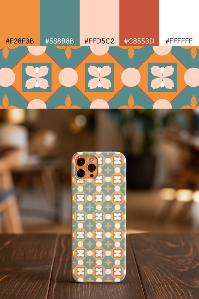 the colors one coral-reef tile is drawn in, with their hex codes, and the tile printed on a phone case