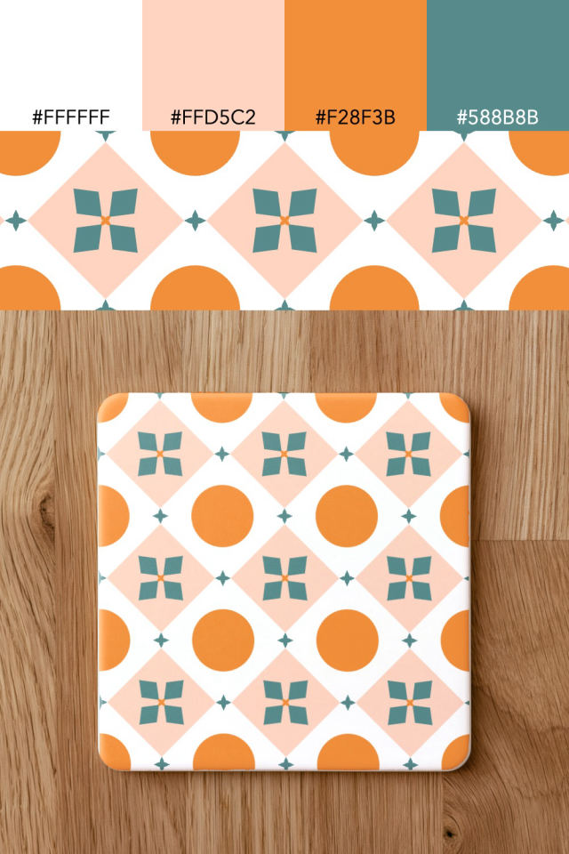 the colors one coral-reef tile is drawn in, with their hex codes, and the tile printed on a coaster