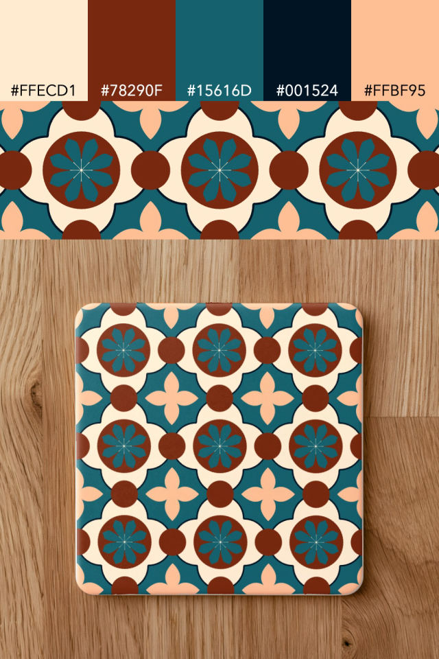 the colors one fall-cozy tile is drawn in, with their hex codes, and the tile printed on a coaster