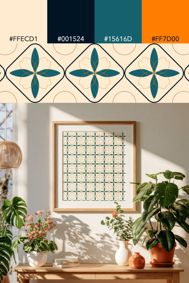 the colors one fall-cozy tile is drawn in, with their hex codes, and the tile printed on a frame