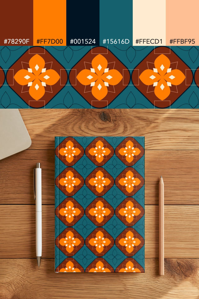 the colors one fall-cozy tile is drawn in, with their hex codes, and the tile printed on a notebook