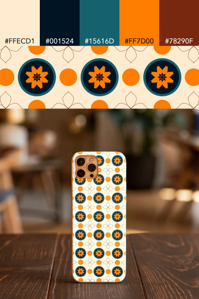 the colors one fall-cozy tile is drawn in, with their hex codes, and the tile printed on a phone case