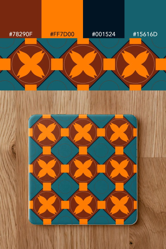 the colors one fall-cozy tile is drawn in, with their hex codes, and the tile printed on a coaster