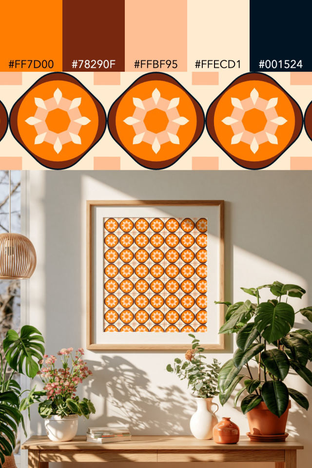 the colors one fall-cozy tile is drawn in, with their hex codes, and the tile printed on a frame