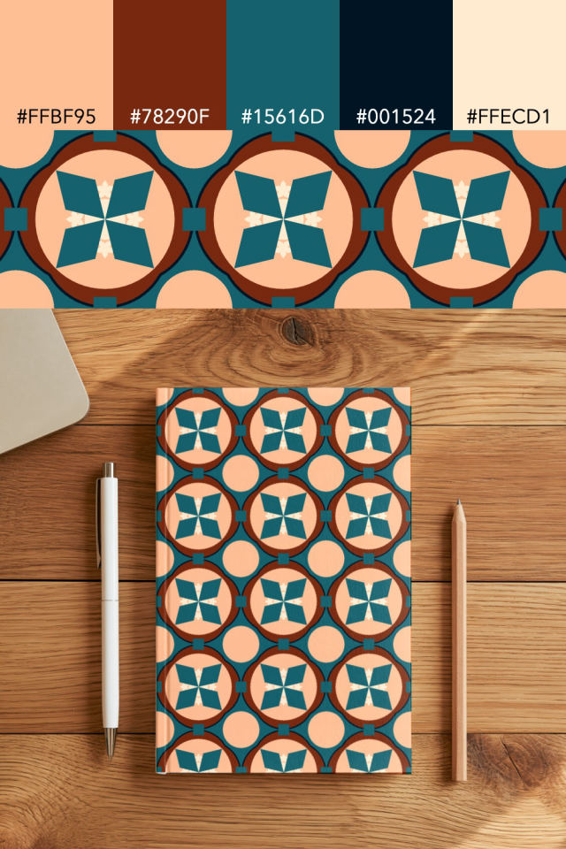 the colors one fall-cozy tile is drawn in, with their hex codes, and the tile printed on a notebook