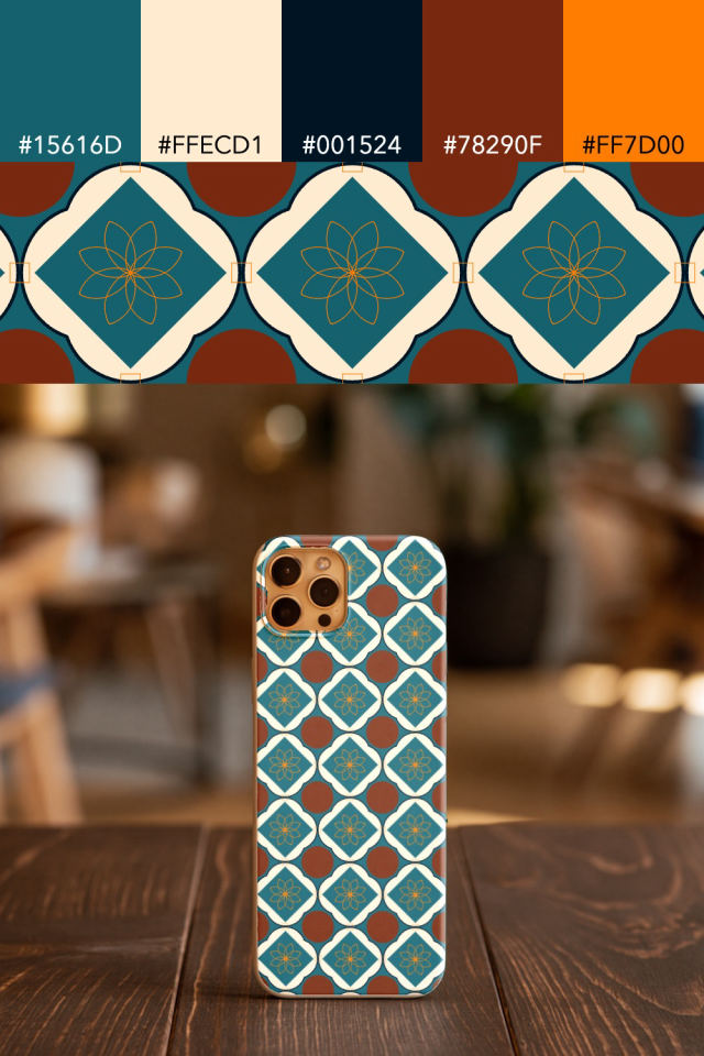 the colors one fall-cozy tile is drawn in, with their hex codes, and the tile printed on a phone case