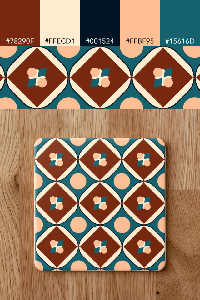 the colors one fall-cozy tile is drawn in, with their hex codes, and the tile printed on a coaster
