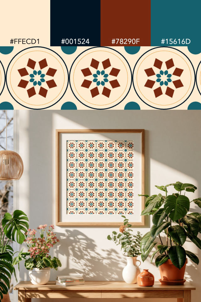 the colors one fall-cozy tile is drawn in, with their hex codes, and the tile printed on a frame