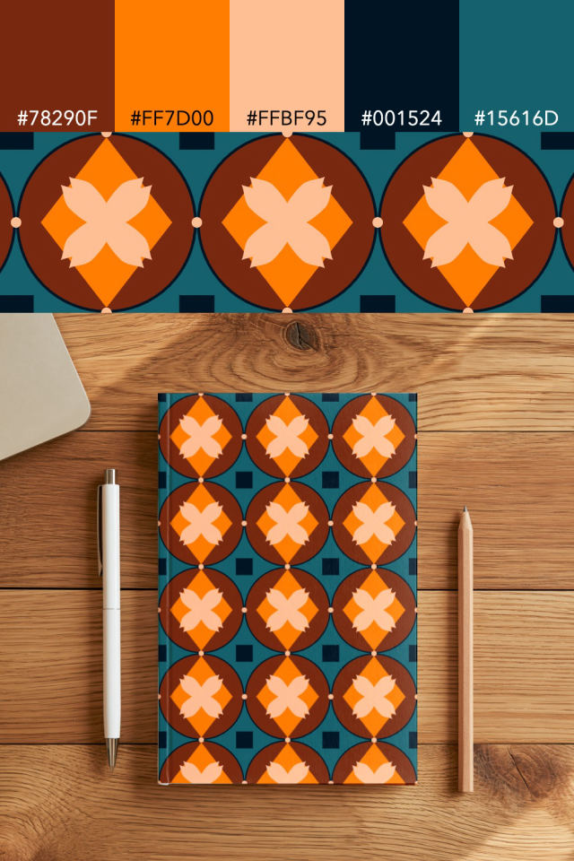 the colors one fall-cozy tile is drawn in, with their hex codes, and the tile printed on a notebook