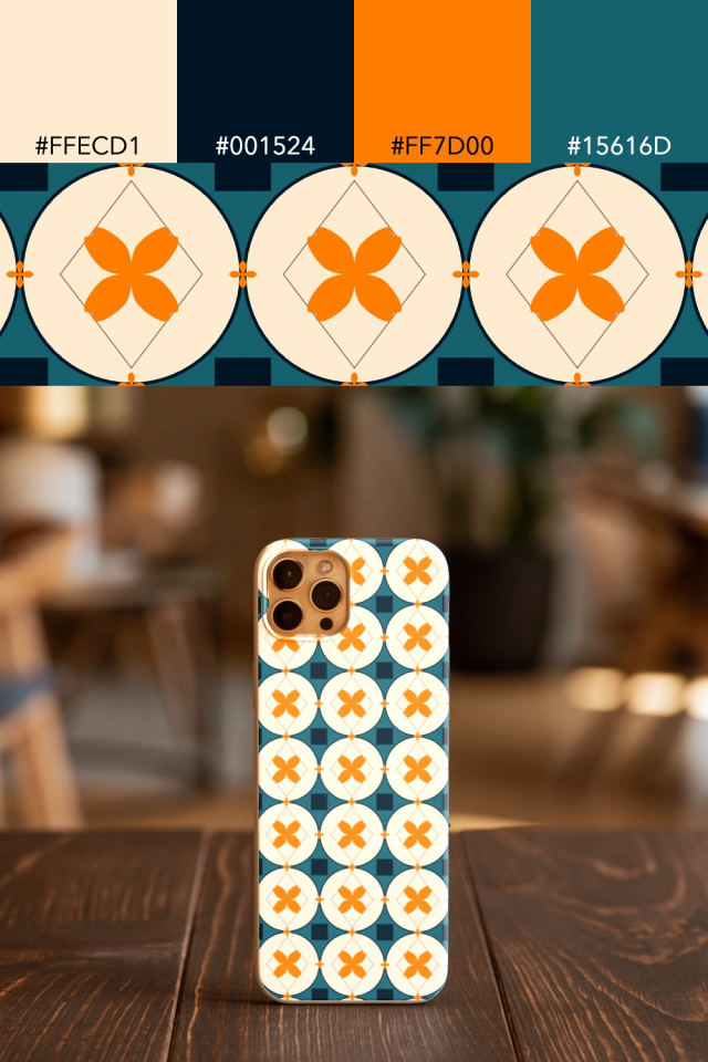 the colors one fall-cozy tile is drawn in, with their hex codes, and the tile printed on a phone case