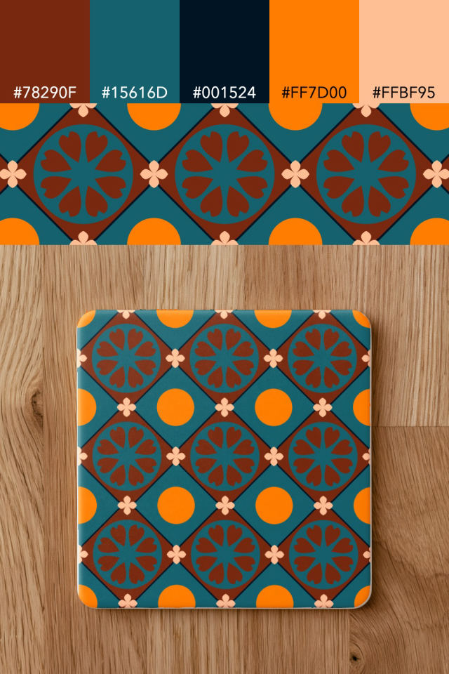 the colors one fall-cozy tile is drawn in, with their hex codes, and the tile printed on a coaster