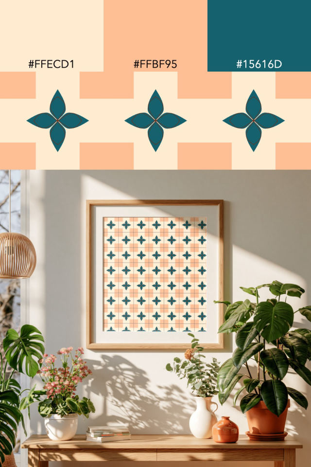 the colors one fall-cozy tile is drawn in, with their hex codes, and the tile printed on a frame