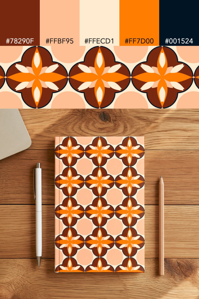 the colors one fall-cozy tile is drawn in, with their hex codes, and the tile printed on a notebook
