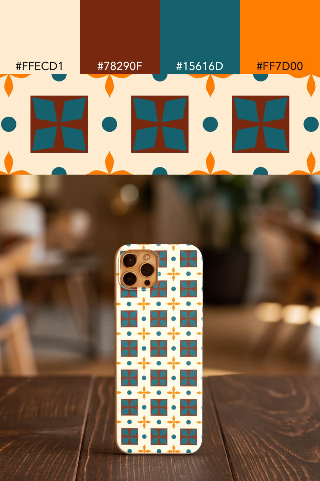 the colors one fall-cozy tile is drawn in, with their hex codes, and the tile printed on a phone case