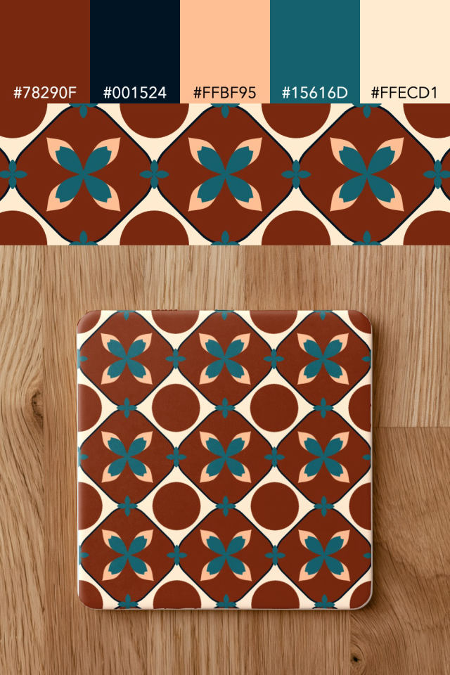 the colors one fall-cozy tile is drawn in, with their hex codes, and the tile printed on a coaster