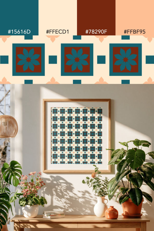 the colors one fall-cozy tile is drawn in, with their hex codes, and the tile printed on a frame