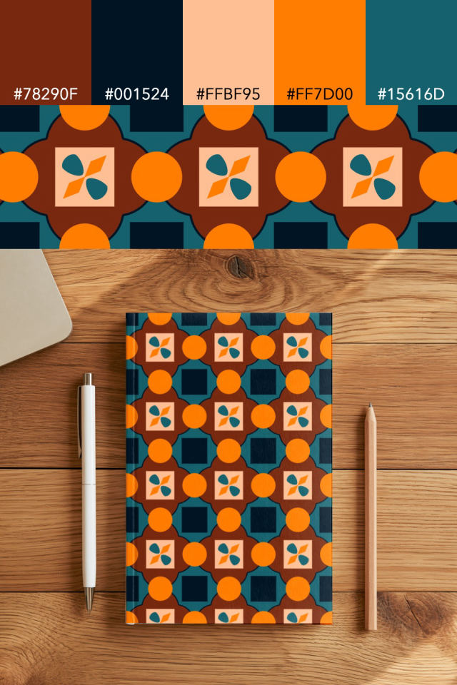 the colors one fall-cozy tile is drawn in, with their hex codes, and the tile printed on a notebook
