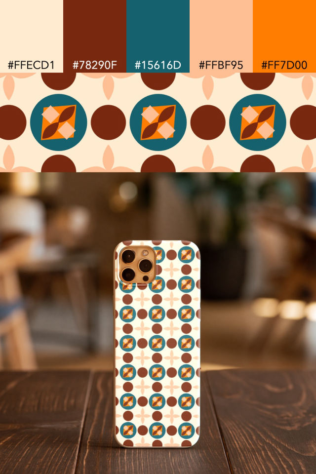 the colors one fall-cozy tile is drawn in, with their hex codes, and the tile printed on a phone case