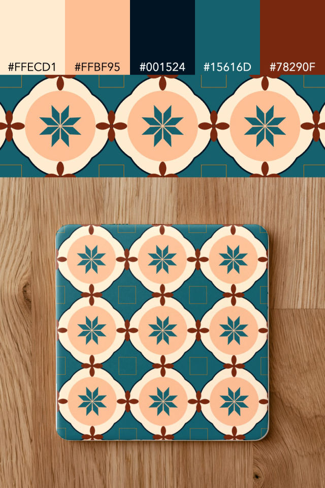 the colors one fall-cozy tile is drawn in, with their hex codes, and the tile printed on a coaster