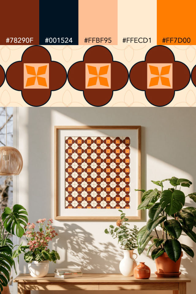 the colors one fall-cozy tile is drawn in, with their hex codes, and the tile printed on a frame