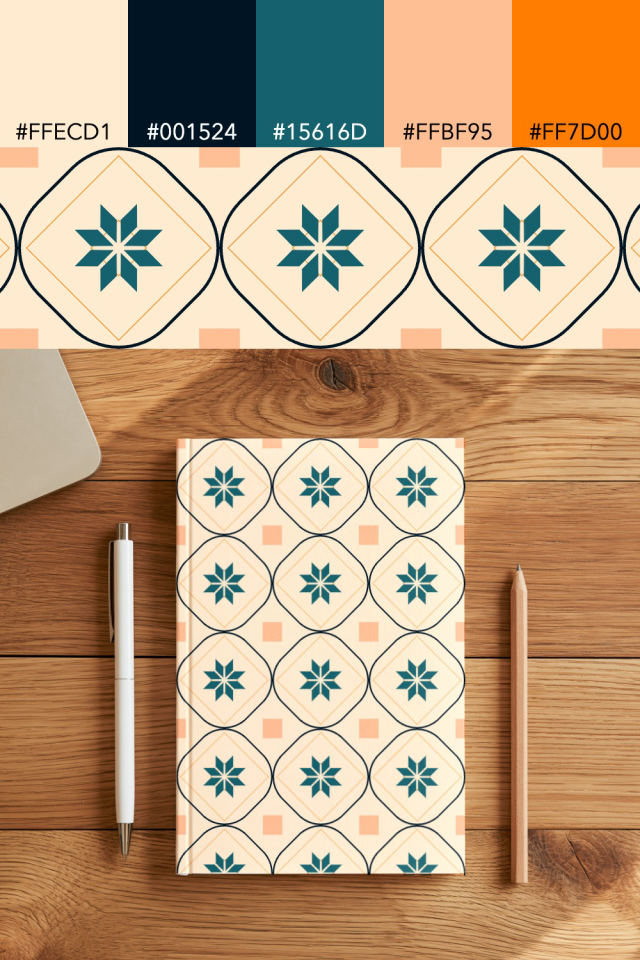 the colors one fall-cozy tile is drawn in, with their hex codes, and the tile printed on a notebook