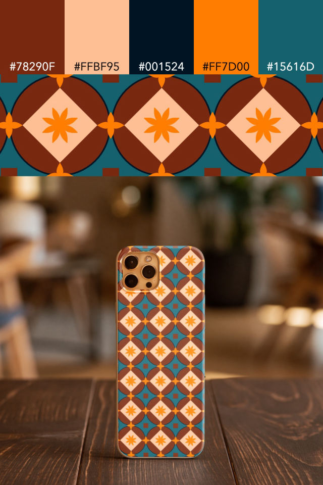 the colors one fall-cozy tile is drawn in, with their hex codes, and the tile printed on a phone case