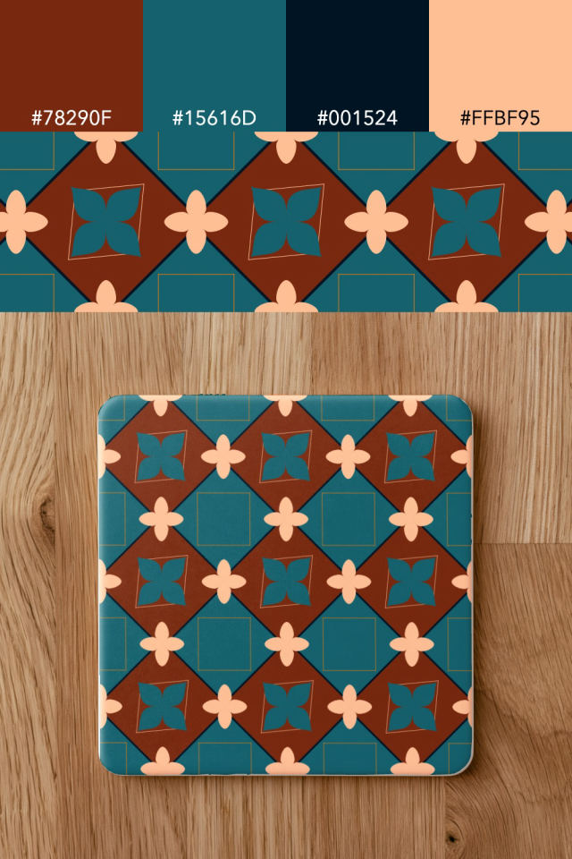 the colors one fall-cozy tile is drawn in, with their hex codes, and the tile printed on a coaster